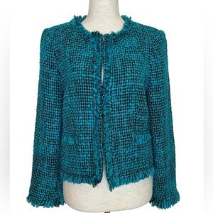 Alice + Olivia Turquoise Fringe Tweed Jacket Blazer Size Medium